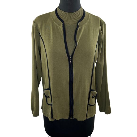 MISOOK Olive Green Knit Zip Up Jacket Mock Neck Tank Shell Twin Set 2 Piece L LG - Picture 1 of 7
